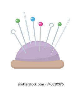 Needles and pins on white background, cartoon illustration of tool for handicrafts. Vector
