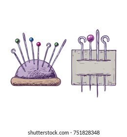 Needles and pins on white background, colorful sketch illustration of accessories for sewing. Vector