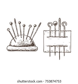 Needles and pins on white background, sketch illustration of accessories for sewing. Vector