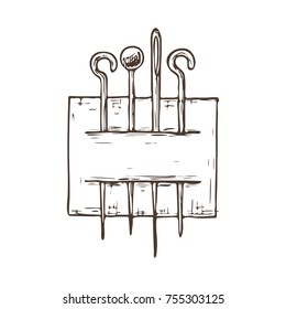 Needles and pins on white background, sketch illustration of accessories for sewing. Vector