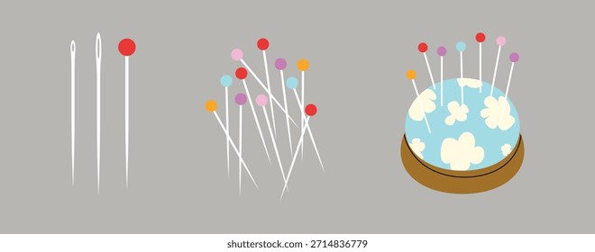 Agujas y alfileres sobre un fondo gris, Ilustración vectorial.