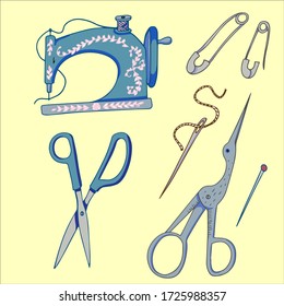 needles, thereads, bow, scissors, needlework color set, 