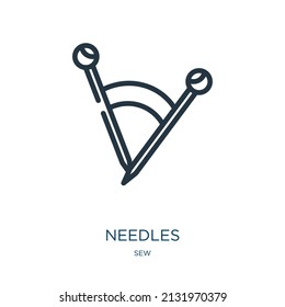 icono de línea delgada de agujas. aguja, clavija iconos lineales a partir del signo de contorno aislado del concepto de coser. Elemento de símbolo de ilustración vectorial para diseño web y aplicaciones.