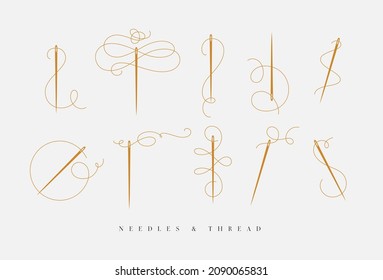 Needles and thread for sewing collection drawn with swirls element in baroque style in beige color