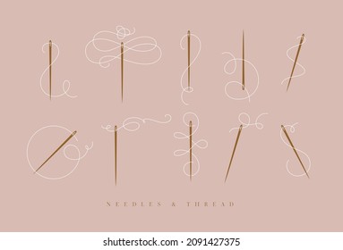 Needles and thread for sewing collection drawn with swirls element in baroque style terracotta color