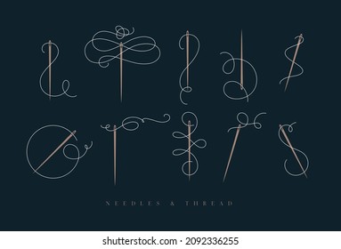 Needles and thread for sewing collection drawn with swirls element in baroque style in blue color