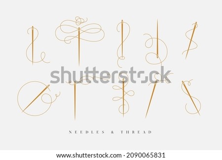 Needles and thread for sewing collection drawn with swirls element in baroque style in beige color