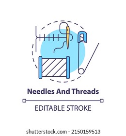 Needles and threads concept icon. Sewing supplies to pack. Emergency preparedness abstract idea thin line illustration. Isolated outline drawing. Editable stroke. Arial, Myriad Pro-Bold fonts used