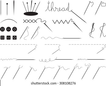 Needles and threads illustrated on white
