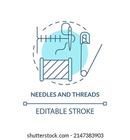 Needles and threads turquoise concept icon. Sewing supplies. Emergency preparedness abstract idea thin line illustration. Isolated outline drawing. Editable stroke. Arial, Myriad Pro-Bold fonts used