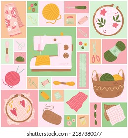 Needlework, art hobby set vector illustration. Cartoon sewing, embroidery tools and equipment, basket with spools, button and coil of woolen thread for knitting in geometric collage background