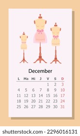 Calendario de trabajo de necesidades de diciembre de 2023. Tres maniquíes para la ropa. Planificación y organización del flujo de trabajo. Vacaciones y días laborables. Día, semana y mes de invierno. Dibujo vectorial plano de dibujos animados