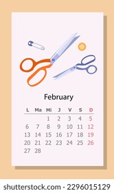 Calendario de trabajo de necesidades de febrero de 2023. Tijeras, clip de papel y vástagos sobre fechas. Semanas y mes. Planificación y organización del flujo de trabajo, gestión del tiempo. Dibujo vectorial plano de dibujos animados