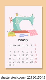 Needlework calendar January 2023. Sewing machine with fabric over numbers, weeks and month. Holidays and working days. Template, layout and mock up. Cartoon flat vector illustration