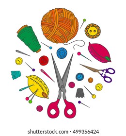  Needlework cartoon tools for mending clothes set isolated on white background. Sewing and knitting doddle colored icons. Vector illustration.