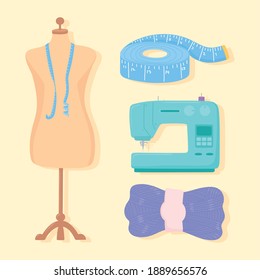 needlework cloting mannequin machine measuring tape and wool ball vector illustration