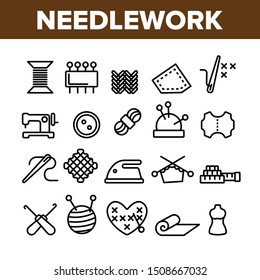 Needlework Collection Elements Icons Set Vector Thin Line. Pin And Button, Needle And Spool, Meter And Dummy Needlework Tools And Details Concept Linear Pictograms. Monochrome Contour Illustrations