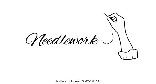 Needlework Concept. Embroidering Female Hand holding Needle with Thread isolated on a white background. Hand drawn Vector Illustration. Vintage style. Outline graphics of Hobby, Sewing and Embroidery