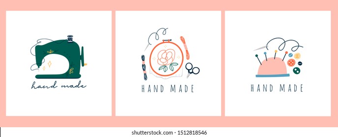 Needlework concept. Embroidery hoop, sewing machine, scissors, threads. Trendy vector illustrations. Pre-made logos for your own design. Isolated on white background. Cartoon style. Flat design