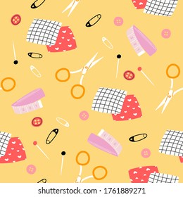 Needlework concept. Hand drawn colored seamless pattern. Various sewing tools. Needles, scissors, pins, sewing machine, buttons, spools, threads, thimble etc. Cartoon style. All elements are isolated.