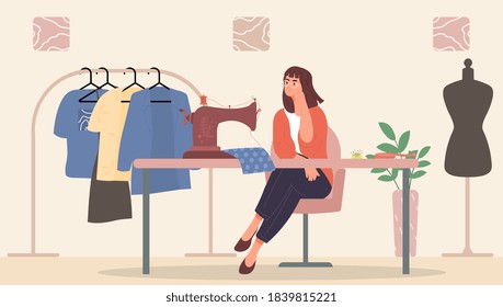 Needlework concept. The seamstress sits at the table and sews clothes on a sewing machine. Flat vector illustration.