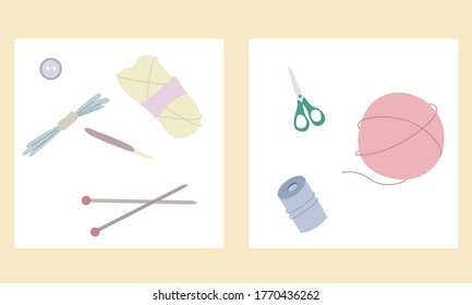 Needlework concept. Skein of wool, knitting needles, weaving of wool, tools, scissors, yarn, thread. Ready-made logos for your own design. Vector illustration on a white background.