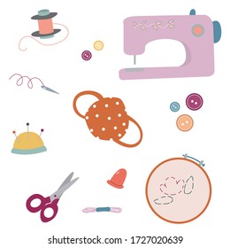 Needlework Konzept. Verschiedene Nähwerkzeuge. Nadeln, Scheren, Nähmaschine, Gesichtsschild, Faden, Hoop, etc. Set von Farbvektor. Cartoon-Stil, flaches Design.