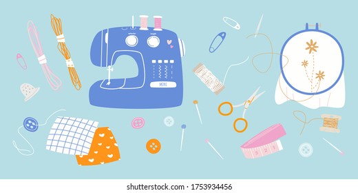 Needlework concept. Various sewing tools. Needles, scissors,
pins, sewing machine, buttons, spools, threads, thimble etc. Hand drawn colored vector set. Cartoon style. All elements are isolated.