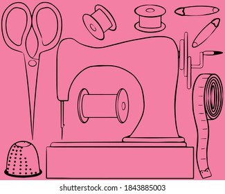 Needlework concept. Various sewing tools. Sewing machine, tape measure, threads, scissors, thimble, pins. Hand drawn linear vector set. Cartoon style, flat design. All elements are isolated