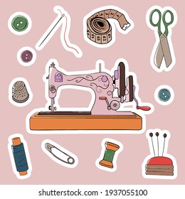 Needlework concept. Various sewing tools. Needles, scissors,sewing machine, buttons, spools, threads etc. Hand drawn colored vector  set with stickers. All elements are isolated