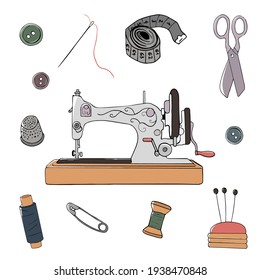 Needlework concept. Various sewing tools. Needles, scissors,sewing machine, buttons, spools, threads etc. Hand drawn colored vector set. All elements are isolated