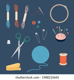 Needlework concept. Various sewing tools. Needles, scissors, yarn, buttons, spools, threads etc. Vector 