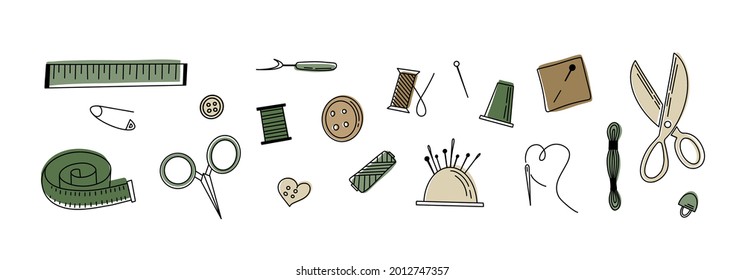 Needlework concept. Various sewing tools. Needles, scissors, yarn, sewing machine, buttons, spools, threads. Hand drawn colored vector set. Cartoon style, flat design. All elements are isolated