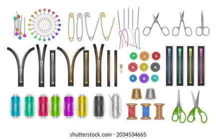 Concepto de trabajo necesario. Varias herramientas de coser. Máquina o botones de agujas y tijeras, roscas, conjunto vectorial de colores de hilos. Estilo de caricatura, diseño plano. elementos oh blanco