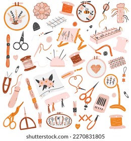 Needlework concept. Various sewing tools. Needles, scissors, yarn, sewing machine, buttons, spools, threads etc. Hand drawn colored vector set. Cartoon style, flat design. All elements are isolated