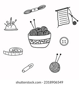 
Concepto de trabajo necesario. Varias herramientas de coser. Agujas, tijeras, hilos, botones, cucharas, hilos.