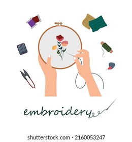 Needlework concept vector illustration. Set of embroidery elements, embroidery frame or hoop, thread, needles, buttons, yarn, scissors.