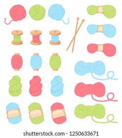 Needlework and crocheting and knitting. Bright yarn. Concept of women's leisure. Icons for sewing shop and other project. Women's hobby