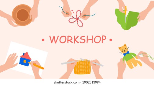 Needlework und Zeichnung, Töpferarbeit und Stricken, Kleider. Kinder machen Spielzeug, verschiedene Aktivitäten im Kindergarten, Draufsicht. Workshop für einzelne handgemachte Sachen, Vektorgrafik