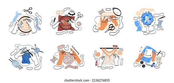 Needlework embroidery abstract concept. Set of hands creating decoupage, cross-stitching tapestries, weaving macrame and knitting clothes. Cartoon flat vector collection isolated on white background