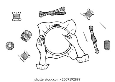 Agulha, conceito de bordado. Mãos femininas bordando em um aro, carretéis de fios, agulhas e Mulin Floss isolado em um fundo branco. Vista superior. Ilustração vetorial em estilo de rabiscar. Desenhado à mão