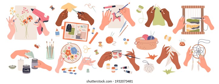 Needlework embroidery. Human hands create handmade crafts, artisan tools and accessory, work and hobby, decoupage and tapestries, sewing and knitting, drawing and origami, vector cartoon decor set