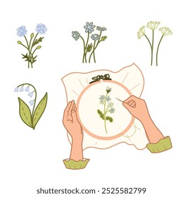 Agulha, Conjunto De Bordados. Mãos femininas bordando em um arco Flores e flores composições primavera. Vetor Flat, ilustração desenhada à mão isolada em um fundo branco. Estilo Vintage.