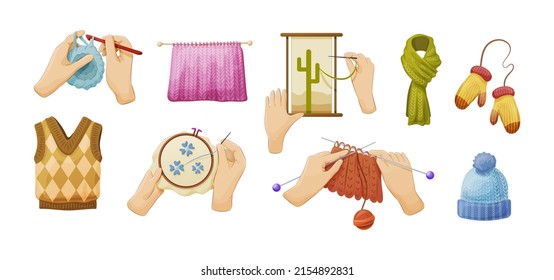 Needlework embroidery set. Human hands sewing, knit, weave from beads use needle, fabric, knitting needles. Textile workshop enjoying art hobby, work or leisure activity. Needlecraft wool flat vector