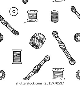 Agulha, fios de bordados Padrão sem emenda. Ilustração vetor desenhada à mão de Skeins, Spools e Floss Mulin no estilo doodle. Para desenhos de passatempo ou artesanais, impressão de costura manual.