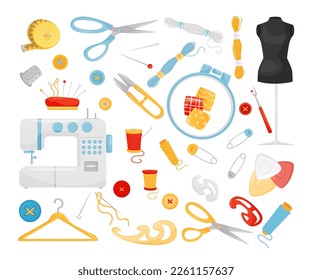 Needlework and embroidery tools set. Craft hobby supplies. Sewing machine, needle, thread bobbin, mannequin, scissors, buttons cartoon vector illustration