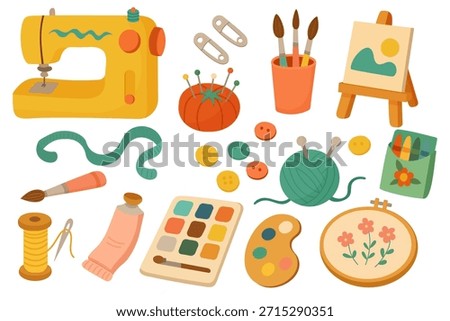 Needlework essentials with crochet hooks, yarn balls, and sewing supplies. Handmade craft tools for knitting, embroidery, and creative needlework projects in charming vector style.