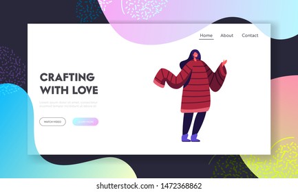 Needlework Hand Made Hobby Website Landing Page. Young Woman Wearing Handcrafted Jumper with Long Sleeves for Cold Winter or Autumn. Hand Made Hobby Web Page Banner. Cartoon Flat Vector Illustration