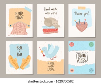 Needlework handmade card templates. Labels or tags for hand made goods. Made with love. Yarn and knitting. Crafts workshop. Vector cartoon illustration concept