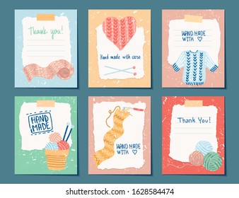 Needlework handmade card templates. Labels or tags for hand made goods. Made with love. Yarn and knitting. Crafts workshop. Vector cartoon illustration concept